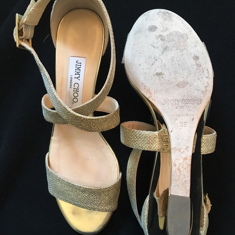 Jimmy Choo Gold Glitter Wedge Sz 39 - Picture 3 of 3